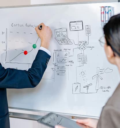 A person in a suit is standing beside a whiteboard, drawing a graph labelled "Carbon Reduction" with a green dot and a red dot indicating data points. The whiteboard features various sketches, including a laptop, a mobile phone, and diagrams related to website analytics such as "bounce rate" and "load speed." There is also a sun, a wind turbine, and a battery icon, labelled "renewable source." Another person, partially visible, is holding a tablet and observing the presentation.