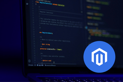 Magento logo in a blue circle overlaying code on a laptop screen