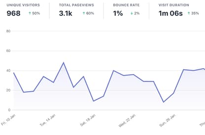 A screenshot of an analytics screen showing unique visitors, pageviews, bounce rate and visit duration