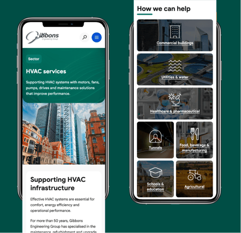 service pages on gibbons group website shown on mobile
