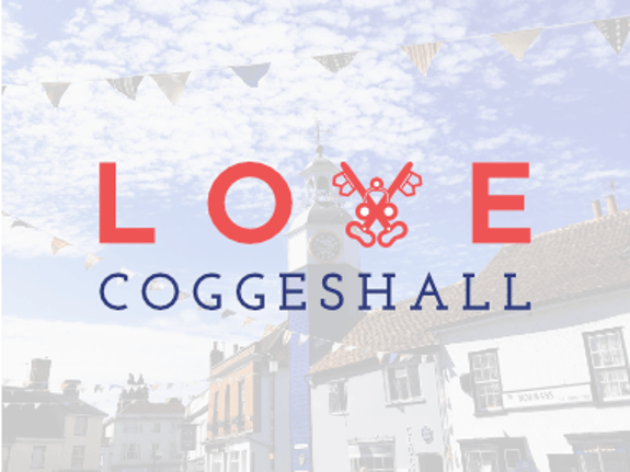 The image features a vibrant logo with the word "LOVE" in bold red letters, where the letter "O" is stylised with two keys crossed in the centre. Below, the word "COGGESHALL" is displayed in a dark blue, elegant font. In the background, there is a picturesque view of Coggeshall, showcasing traditional buildings and a clock tower, with colourful bunting strung across a clear sky.