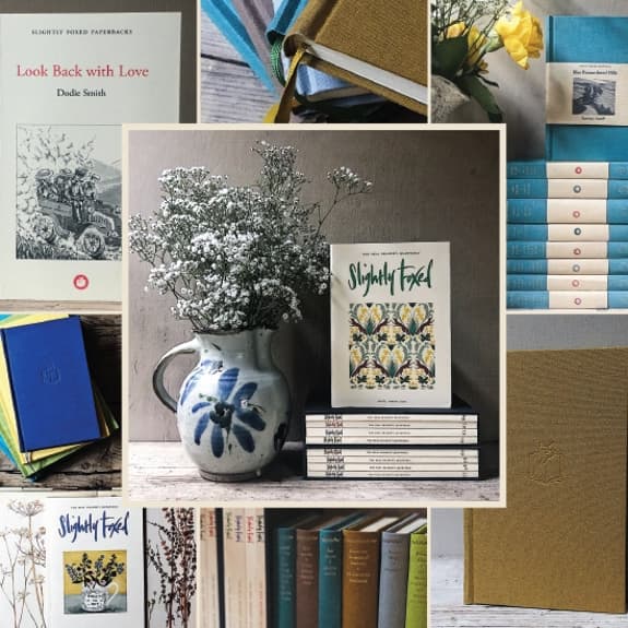 A collage of different images from Slightly Foxed showing their books in different forms