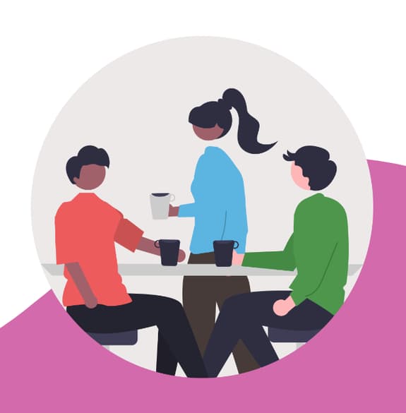 NEEB Featured Image - three people having a coffee and discussing business.