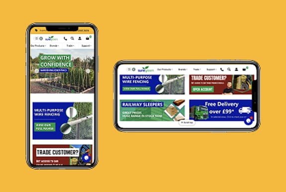 Image shows two mobile phone screens displaying a website for a gardening supplies company. The left screen features a banner with the text "Grow with Confidence" and images of multi-purpose wire fencing. The right screen highlights sections for trade customers, railway sleepers, and a promotion for free delivery on orders over £99. The background is a bright yellow.