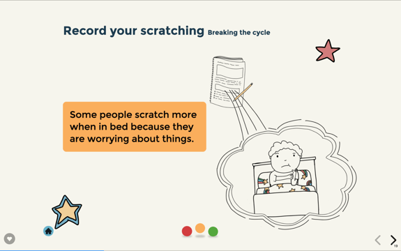 An illustration titled "Record your scratching, Breaking the cycle" features a child in bed, looking concerned while holding their hands together. The child is surrounded by a thought bubble depicting a sheet of paper and a pencil, suggesting a need to record thoughts. The bed has a colourful blanket with stars and rainbows. An orange box with text states that some people scratch more in bed due to worries. The background is light cream, with a blue star and a blue house icon at the bottom left, and