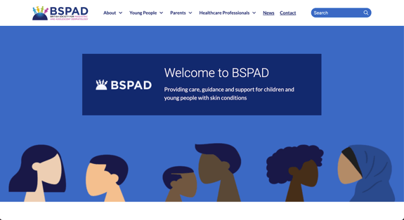 British Society of Paediatric and Adolescent Dermatology website homepage with a hero displaying large text saying Welcome to BSPAD