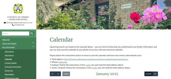 The calendar webpage on desktop for St Peter's School in Coggeshall