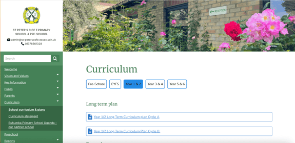 A curriculum page for the St Peter's School website, showing the curriculum for years 1 and 2