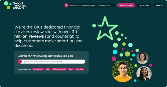 A website screenshot from Smart Money People showing the homepage. It says 'We're the uK's dedicated financial services review site, with over 2.1 million reviews (and counting!) to help customers make smart buying decisions.