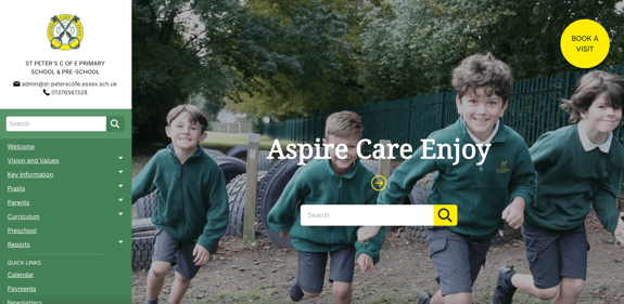 The homepage desktop page for St Peter's School Coggeshall. It has the text 'Aspire Care Enjoy' stacked in the middle above a yellow circle and arrow inside and a search bar. On the top right is a yellow circle saying 'Book a visit'