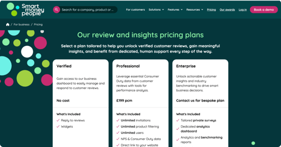 A website screenshot from Smart Money People showing the pricing plans for their review and insights services. The header states "Our review and insights pricing plans" with three pricing tiers listed: "Verified" (no cost), "Professional" (£199 per month), and "Enterprise" (contact for bespoke plan). Each tier includes a brief description and a list of features such as unlimited invitations and analytics. The background features colourful circles, enhancing the visual appeal of the layout.
