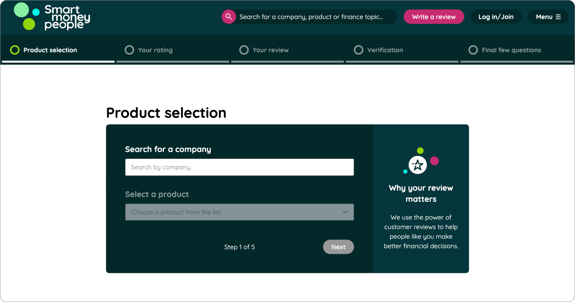 Screenshot of the Smart Money People website, displaying the "Product Selection" page. The page includes a search bar labelled "Search for a company," a dropdown menu labelled "Select a product," and navigation steps at the bottom. There is also a section explaining the importance of customer reviews for making informed financial decisions. The overall design features a dark green background with white text and colourful icons.