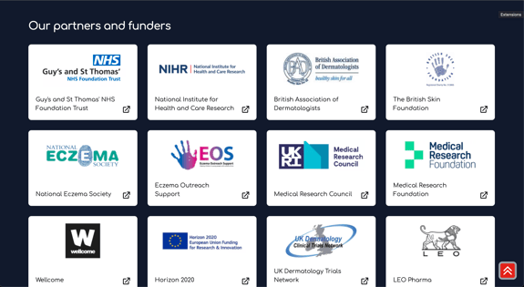 The image displays a grid of logos representing various partners and funders. Each logo is contained within a square or rectangular box. The logos include: - Guy's and St Thomas' NHS Foundation Trust, featuring the NHS logo - National Institute for Health and Care Research, with a stylised text format - British Association of Dermatologists, displaying the abbreviation BAD and a slogan about skin health - The British Skin Foundation, showing a handprint design