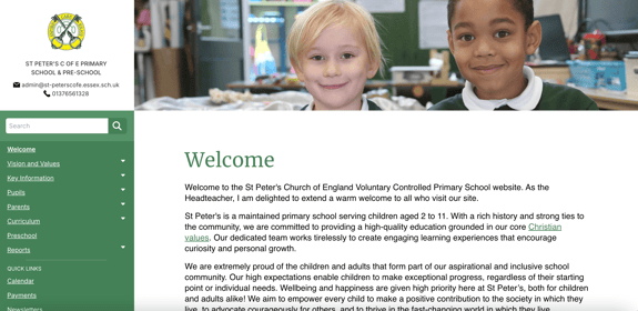 The welcome page on the desktop website for St Peter's School Coggeshall