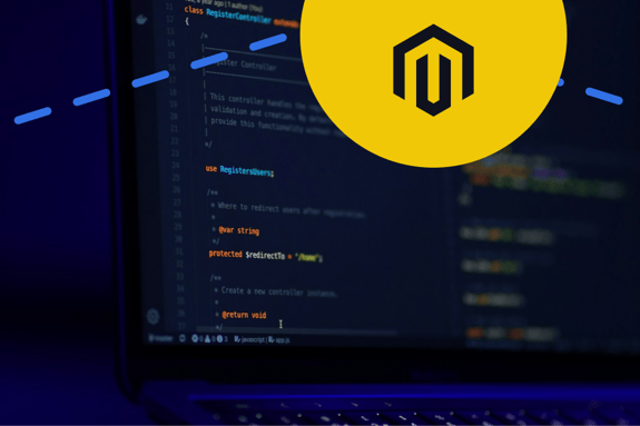 A close-up of a laptop keyboard with code displayed on the screen, featuring a dark background that suggests a dimly lit environment. The code includes elements of a programming language, such as class definitions and comments. Overlaying the image is a large yellow circle containing the Magento logo, which features a stylised letter 'M' in black. Blue lines connect the logo to the code, emphasising the relationship between the logo and the programming content.