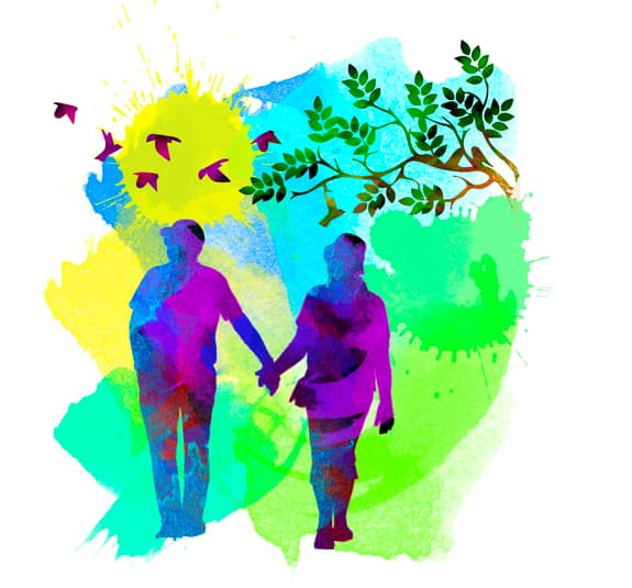 A vibrant illustration of two figures holding hands, walking side by side. The background features a yellow sun, birds in flight, and a leafy branch, all set against a blend of blue, green, and purple watercolour splashes. The figures are depicted in silhouette, with a mix of colours highlighting their shapes.