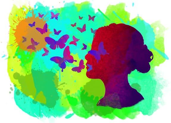 A vibrant background of green watercolour splats with an orange one on the top left indicating the sun, colourful buttles and a woman's silhouette on the right looking towards the sun