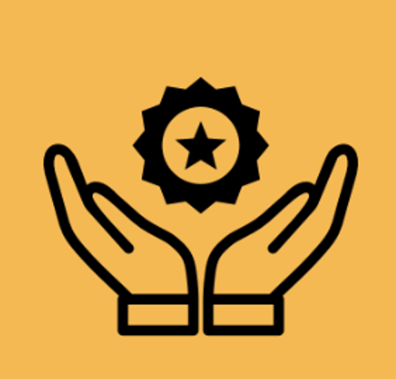 A yellow background featuring two black illustrated outlines of hands that appear to be holding a black rosette shape containing a yellow circle with a black star inside it