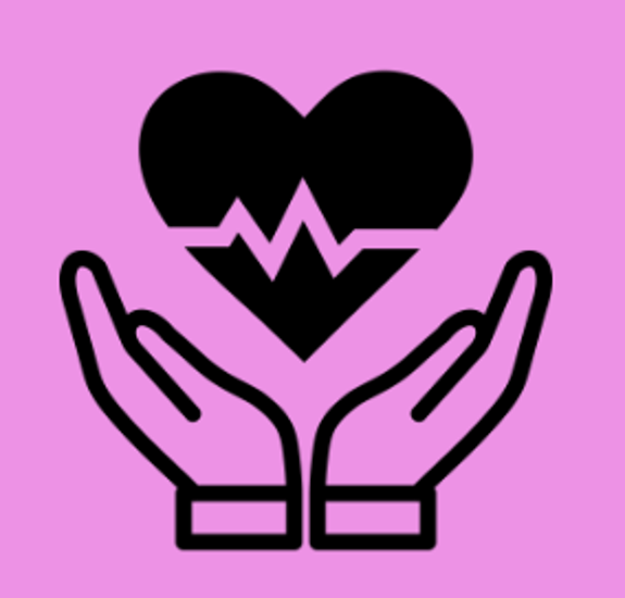 Icon of two hands cradling a heart with a heartbeat line, set against a pink background. The image represents health, care, and wellness.