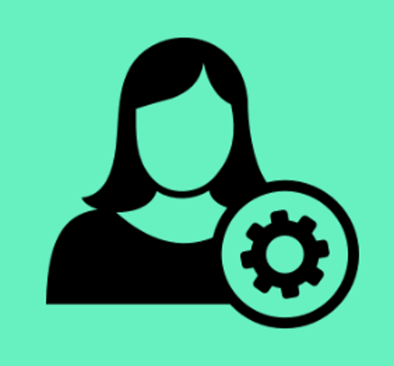 A green background with a black woman illustration and a black circle overlapping her on the bottom right containing a green circle, which contains a black cog illustration