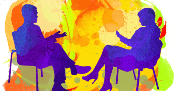 A vibrant background of colourful paint splats with two people in purple silhouettes sitting in chairs talking to each other