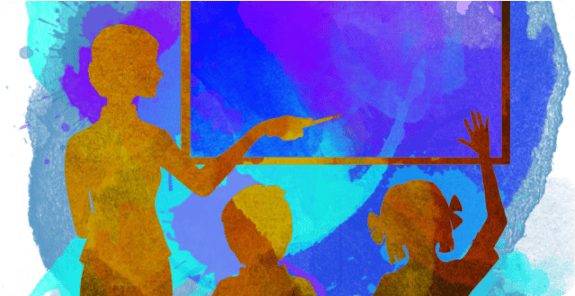 A silhouette of a teacher stands on the left, pointing with a stick towards a blank rectangular board, which is outlined in orange. In front of the teacher, three silhouettes of children are visible, with one child raising their hand. The background features a blend of vibrant blue and purple watercolour patterns, creating an engaging and dynamic atmosphere. The overall image conveys a classroom setting focused on interactive learning.