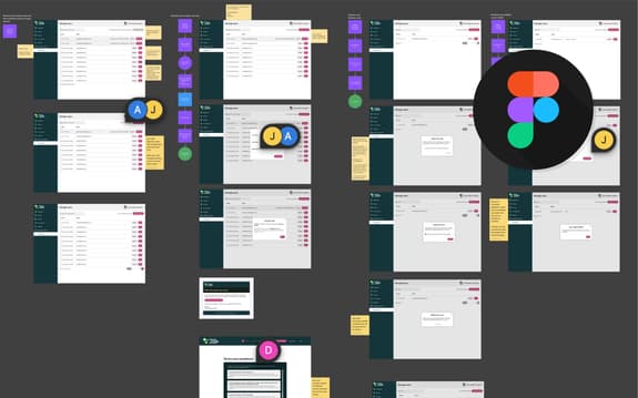The image displays a series of user interface screens arranged on a dark background. Each screen features a section titled “Manage users,” with fields for entering names and email addresses. Various buttons, such as “Delete” and “Save,” are visible. There are overlapping circular icons with letters (A, J, JA, D), indicating user initials. Additionally, sticky notes in different colours provide comments and instructions related to user management. A prominent logo in the bottom right corner features a design with overlapping shapes in a black circle - this is the Figma logo.