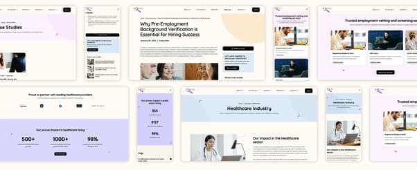 E2E website collage of pages, statistics, industries, blogs shown on desktop and mobile