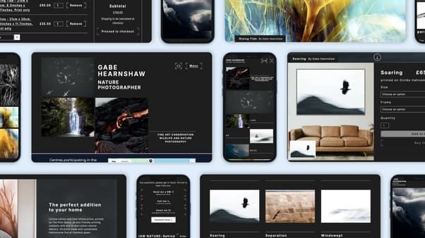 Collage of mobile and desktop screens from Gabe Hearnshaw's brochure site and web shop