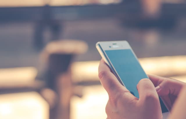 A person is holding an Apple phone on the bottom right of the photo. The background is blurry.