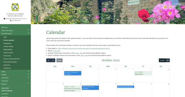 School website design of a calendar page