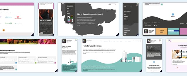 A collection of smartphone screens displaying various webpages from the North Essex Economic Board. The designs feature different colour backgrounds, including orange, pink, teal, and grey. Each screen contains text and illustrations relevant to business support and community engagement.