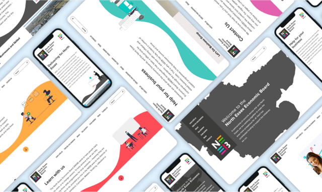 A collection of smartphone screens displaying various webpages from the North Essex Economic Board. The designs feature different colour backgrounds, including orange, pink, teal, and grey. Each screen contains text and illustrations relevant to business support and community engagement. Notable elements include an illustration of a person working at a desk, a delivery truck, and sections labelled "Learn with Us" and "Contact Us." The logo is colourful, featuring a stylised text with the initials NEeB, and the overall layout is modern