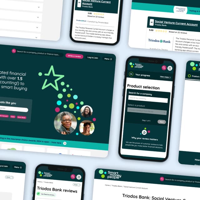 A collage of digital devices displaying a financial services website, Smart Money People. The main screen features a dark teal background with a white text box prompting users to search for companies or products. There are colourful circles in green, blue, and pink, along with three circular photos of people, suggesting customer engagement. A prominent star-shaped graphic is present, symbolising guidance or excellence. Another device shows a detailed view of the Triodos Bank's Social Venture Current Account, including a rating of 5.00 based on 22