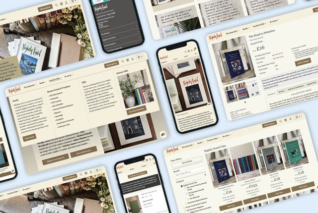 The image displays a collection of digital device screens showcasing the website for "Slightly Foxed," a literary magazine and book retailer. The layout features various sections including subscriptions, gifts, and a catalogue of books. One screen prominently displays a book titled "The Road to Waterloo" by Ronald Welch, priced at £16. Another screen highlights a collection of books with colourful covers. The background includes a textured surface with books, flowers, and stationery items, suggesting a cosy reading environment.