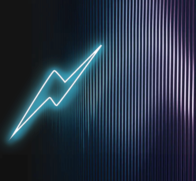 A neon lightning bolt against a striped and dark background