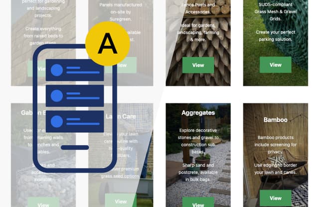 A digital interface displaying various landscaping products and services. Sections include Gabion Baskets, Lawn Care, Aggregates, and Bamboo, each with a brief description and a "View" button for more information. A prominent icon featuring three horizontal lines indicates a menu or navigation option. The layout is clean and organised, with green accents highlighting action buttons.