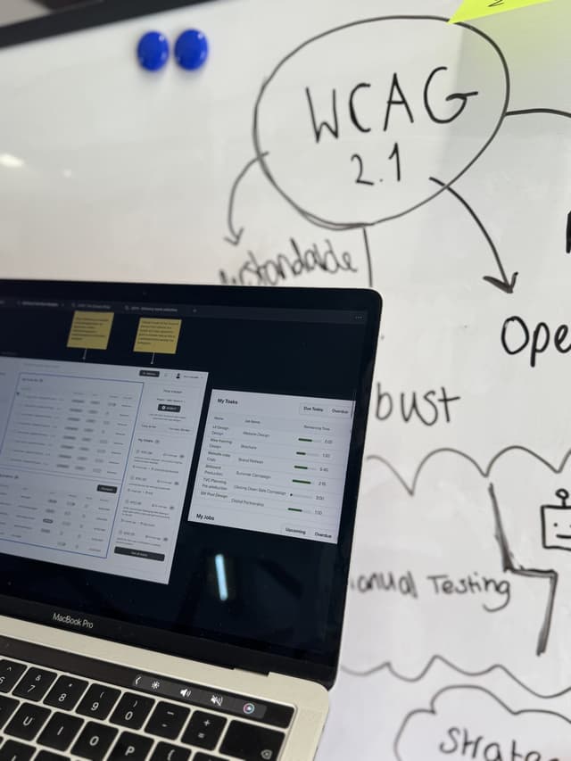 Laptop with designs in front of whiteboard with digital accessibility information.