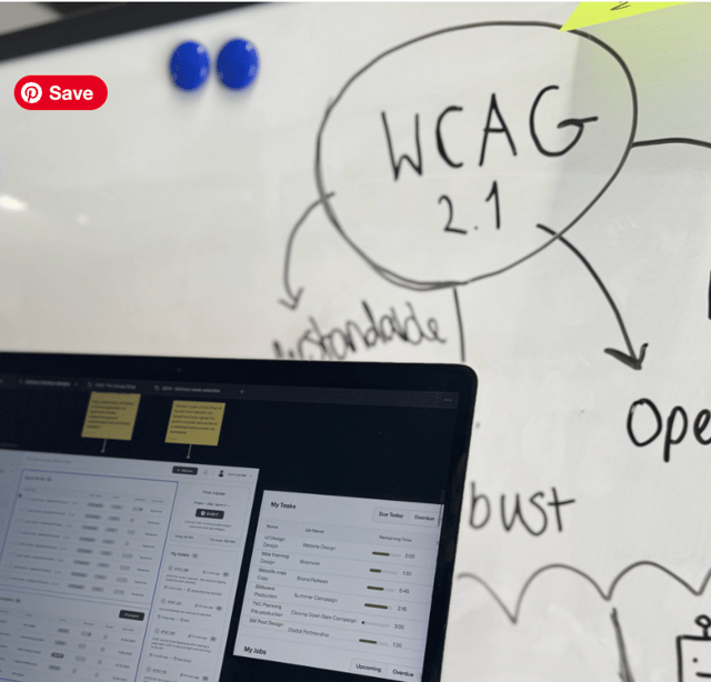 Laptop with designs in front of whiteboard with digital accessibility information.