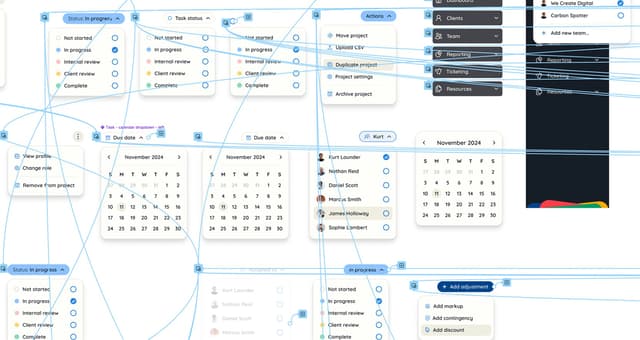 Figma prototype of rofinery components showing a huge web of flows between different screens