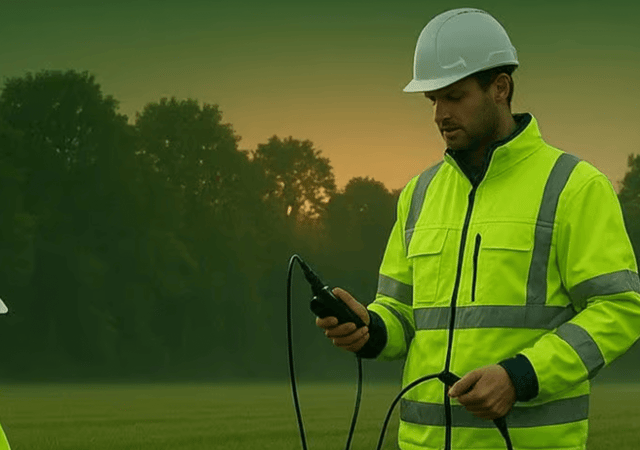 An environmental consultant is wearing a high vis jacket and carrying out monitoring
