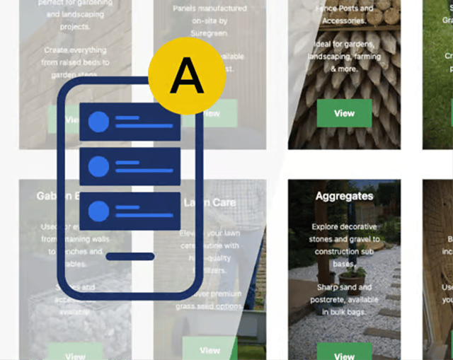 A digital interface displaying various landscaping products and services. Sections include Gabion Baskets, Lawn Care, Aggregates, and Bamboo, each with a brief description and a "View" button for more information. A prominent icon featuring three horizontal lines indicates a menu or navigation option. The layout is clean and organised, with green accents highlighting action buttons.