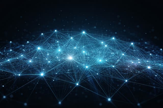 A black background with glowing blue dots connected with lines to indicate data networks.