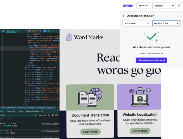 Silktide accessibility testing tool showing a pass for wcag 2.2 AA standard