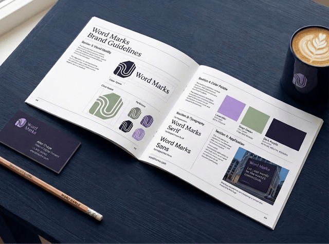 fictional brand book for Wordmark, book on table showing purple and green colour swatches and the logo variations
