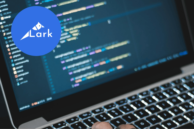Lark logo overlaying code on a laptop screen - the Lark logo is a blue circle with a bird illustration around the L of large. Wordpress website design agency