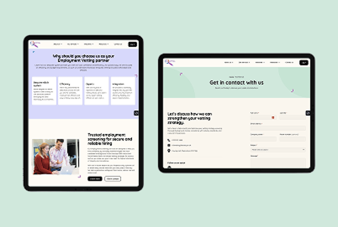Two tablet screens displaying a website. The left screen features sections titled "Why should you choose us as your Employment Partner?" and "Trusted employment services for faster and reliable hiring," accompanied by an image of two people discussing. The right screen shows a contact form titled "Get in contact with us," with fields for name, email, and message, along with a button to submit. The background is a soft green. Wordpress website design agency