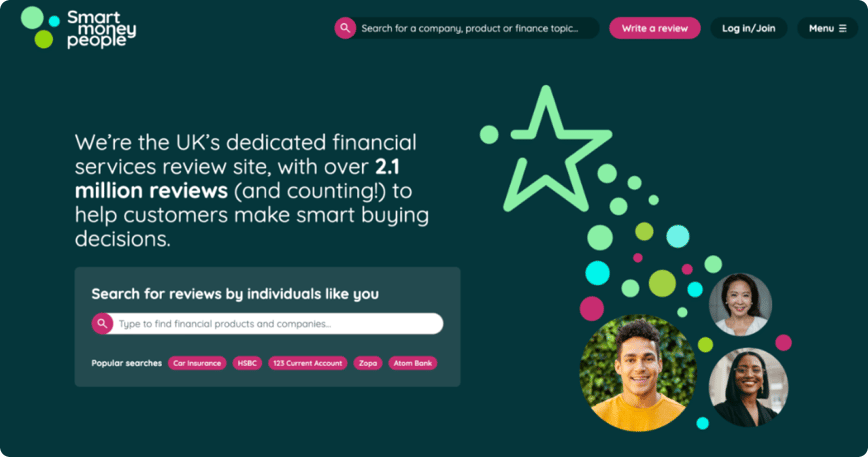 A website screenshot from Smart Money People showing the homepage. It says 'We're the uK's dedicated financial services review site, with over 2.1 million reviews (and counting!) to help customers make smart buying decisions.