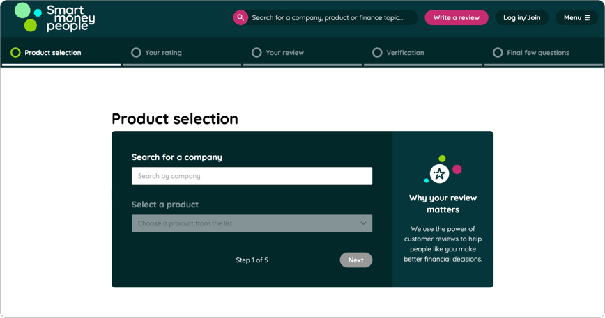 Screenshot of the Smart Money People website, displaying the "Product Selection" page. The page includes a search bar labelled "Search for a company," a dropdown menu labelled "Select a product," and navigation steps at the bottom. There is also a section explaining the importance of customer reviews for making informed financial decisions. The overall design features a dark green background with white text and colourful icons.