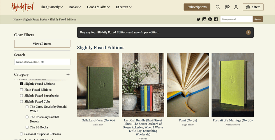 Slightly Foxed website Editions page showing four different editions